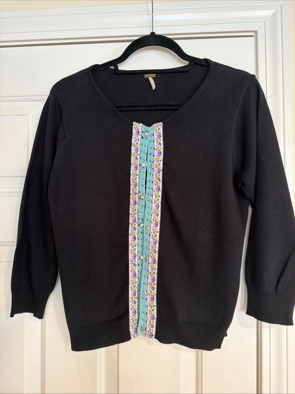 Free People Black Scoop Neck cardigan Sweater with Teal and Lavender Floral Trim